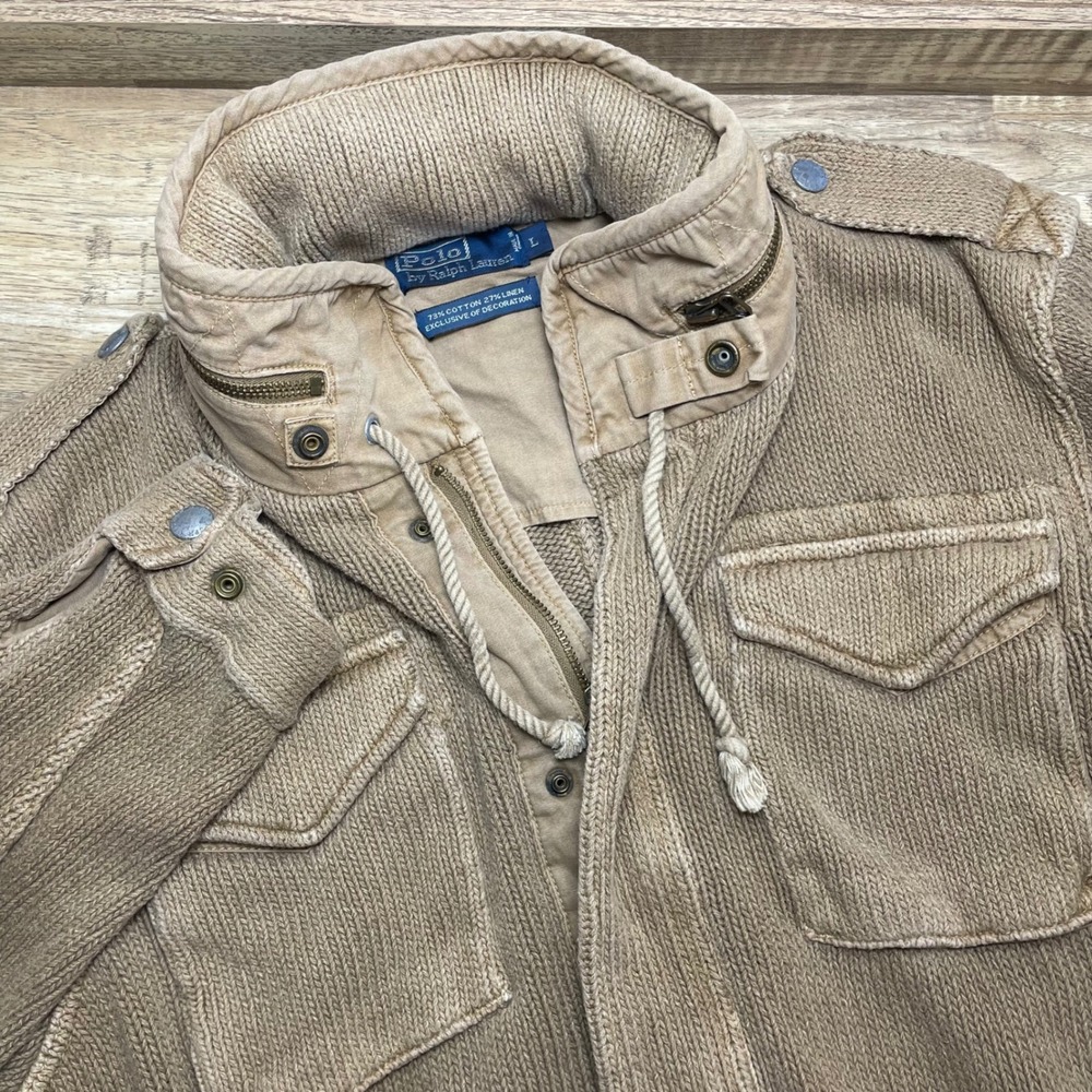 Polo Ralph Lauren Linen Cotton Heavy Knit Military Jacket Packable Hood Men L